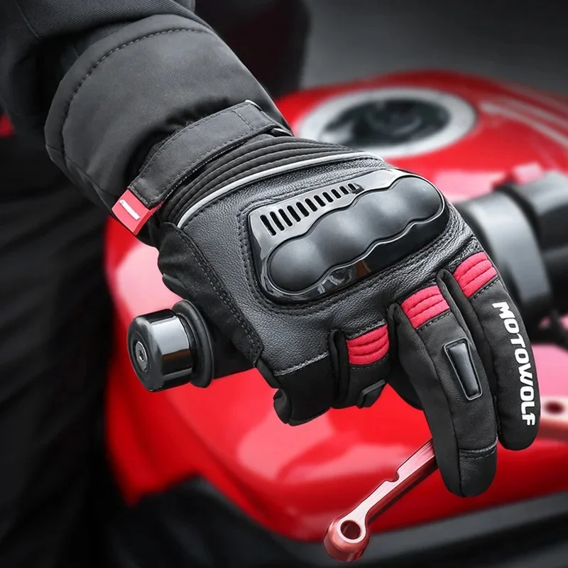 Motowolf Men Winter Fleece Lined Thermal Leather Motorcycle Gloves Waterproof Windproof Shock Protective Biker Riding Equipment