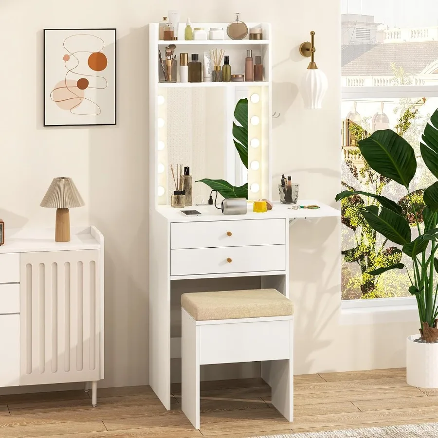 Small Makeup Vanity Set with Mirror and Lights, Modern Compact Vanity Desk Set with Charging Station, 3 Color Lights Drop Leaf