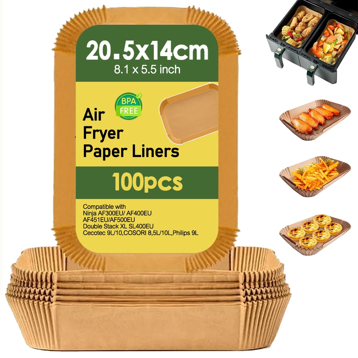 Air Fryer Paper Rectangle 5.5 inch 8.1 inch for Ninja DZ401/DZ302/DZ550/SL401/SL451 10 Qt, DZ201/DZ100 8 Qt