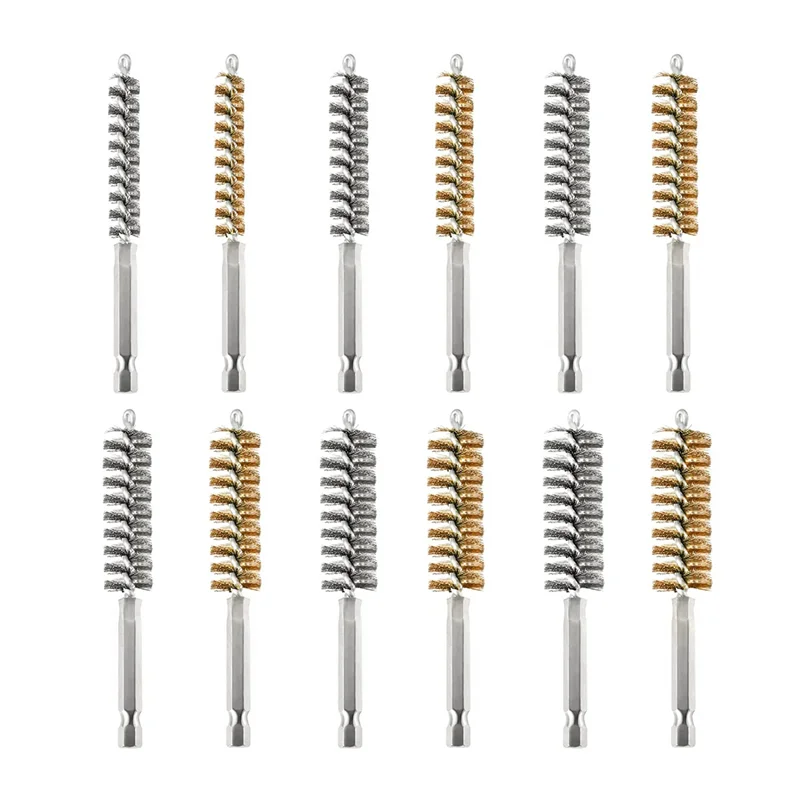 

12Pc Wire Bore Brush Bore Cleaning Brush Brush Set Stainless Steel Wire Twisted Brush for Drill Impact Driver in 6 Sizes