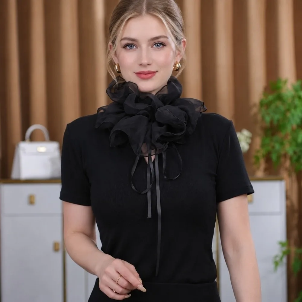 Layered Ruffled False Collar Exquisite Tulle Neck Ruff Faux Collar Three-Dimensional Flower Shape Elegant Detachable Collar