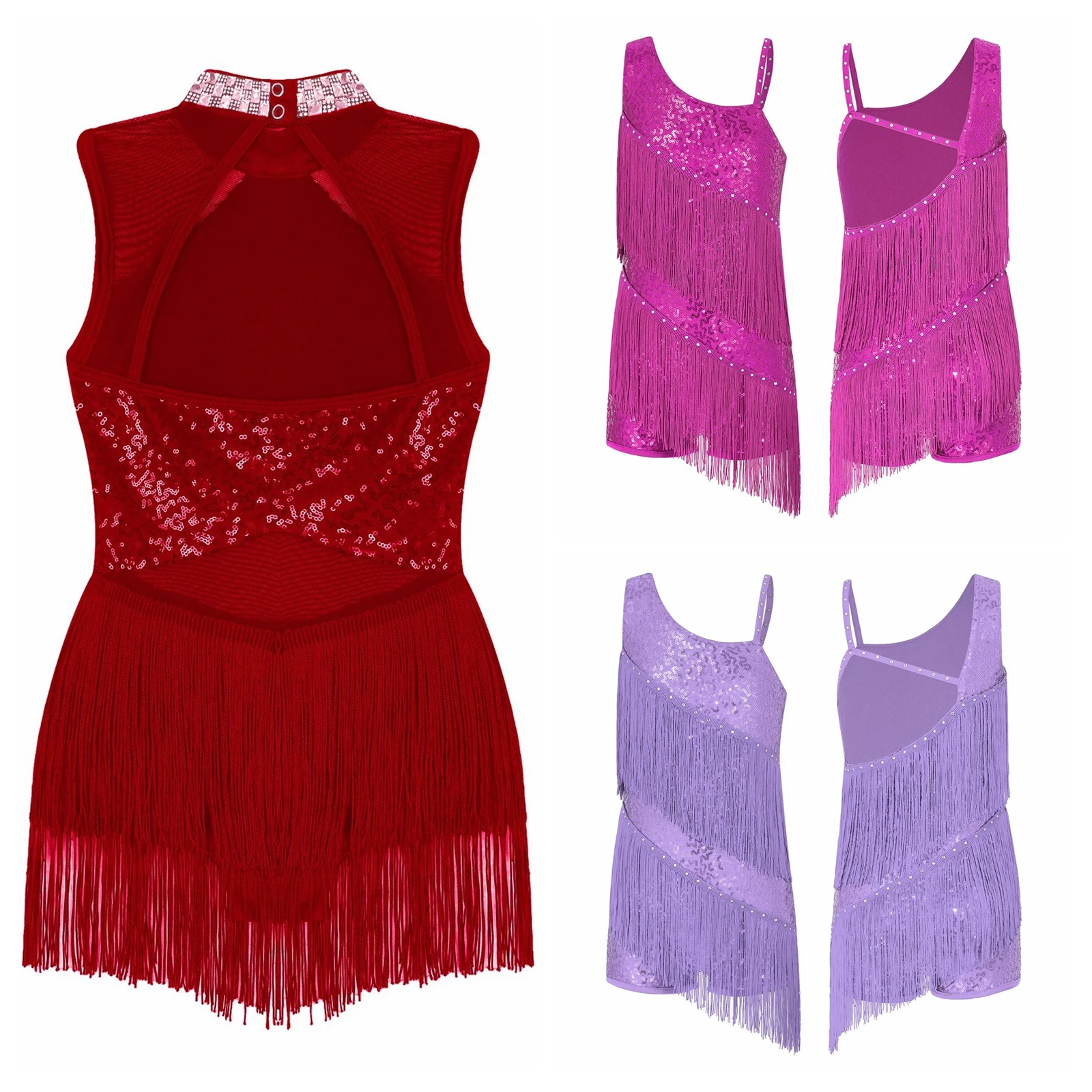 Kids Girls Shiny Fringe Tango Latin Leotard Dress Tassels Unitard Dresses Salsa Chacha Rumba Dance Ballroom Costume Dancewear