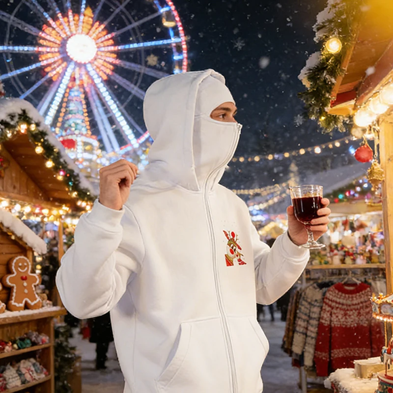 

Толстовка ﻿ ﻿ Рождественская мода Ретро Y2K с капюшоном для лица Мужская толстовка на молнии Зимняя теплая повседневная маска Дизайн Спортивная куртка Серая толстовка