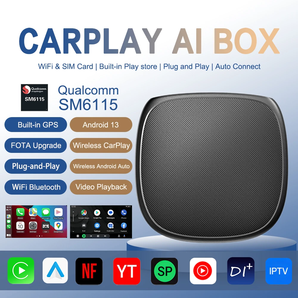 

Car AI Box Wireless Android Auto Adapter Carplay AI Box 4+64G Android 13 SM 6115 8-core BT WiFi For YouTube Netflix Play Store