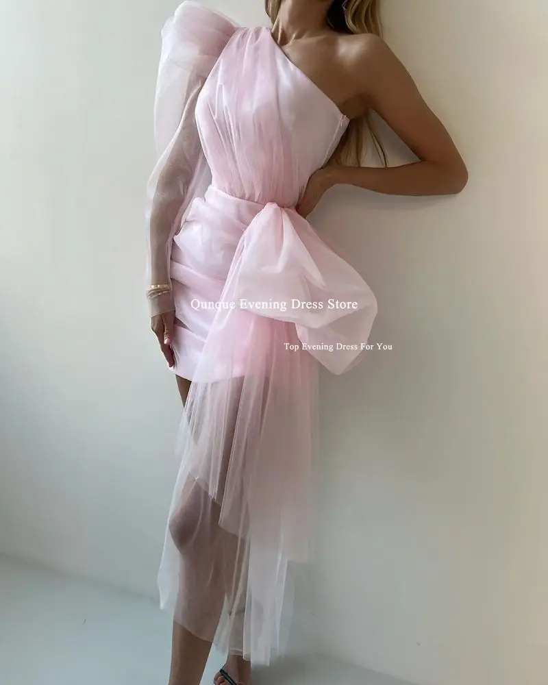 Qunque One Shoulder Short Evening Prom Dresses Wedding Photos Shoot Puff Sleeves Bow Pink Evening Gowns Customized Formal Dress