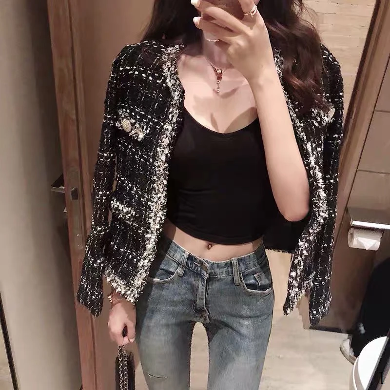 High Quality Spring Autumn Women's Coat Loose Fit Hong Kong Style Thick Tweed Slimming Medium Length Button up Short Coat
