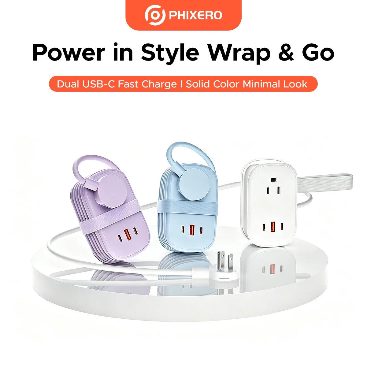 PHIXERO 5-IN-1 Desktop Aesthetic Plug Winding Plug 2AC&3USB Ports for Home and Office Scenes White/Blue/Purple
