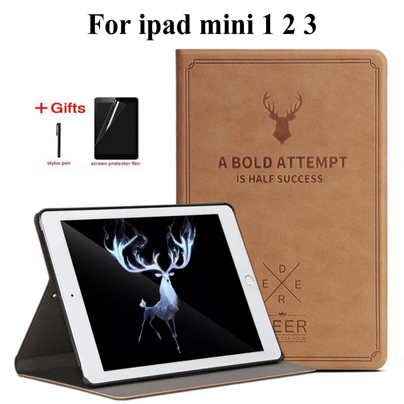 Retro Deer Pattern PU Leather Case For iPad Mini 3 2 1 Smart Stand Flip cover for apple ipad mini 1 mini 2 mini 3 case+Film+Pen