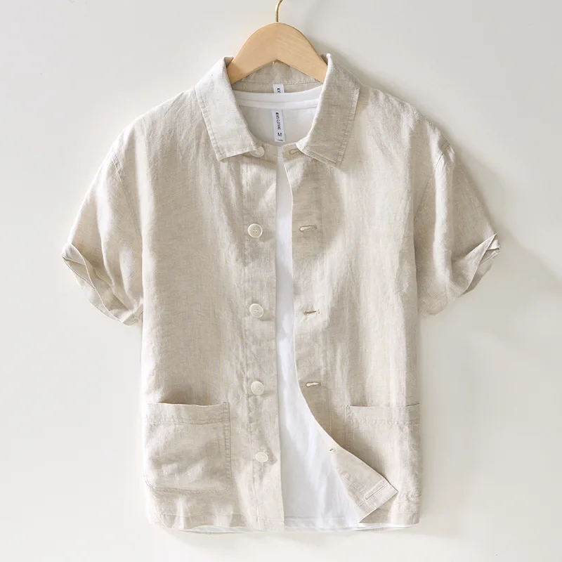 

Men's Pure Linen Short Sleeve Shirt Double Pocket New Chinese Style Full Linen Material Jacket Youth Summer Fashion Standard Fit