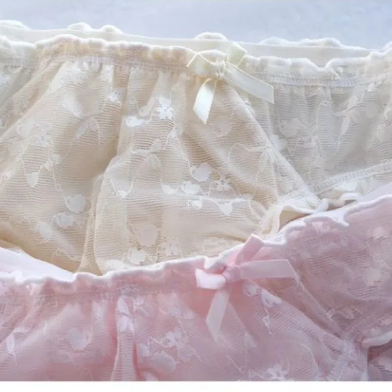 Sweet Style Lace Men's Panties Bow Ruffles Seamless Transparent Crossdressing Lingerie Mid-waist Convex Pouch Breifs Underwear