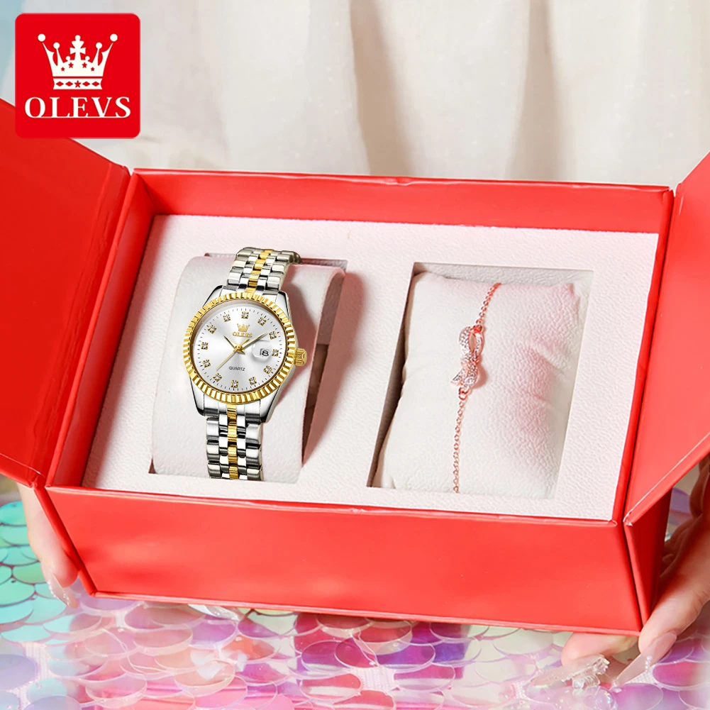 OLEVS 5526 Women Watch Original Quartz Wristwatch Stainless Steel Ladies Date Watch Waterproof Luminous Bracelet Set Reloj