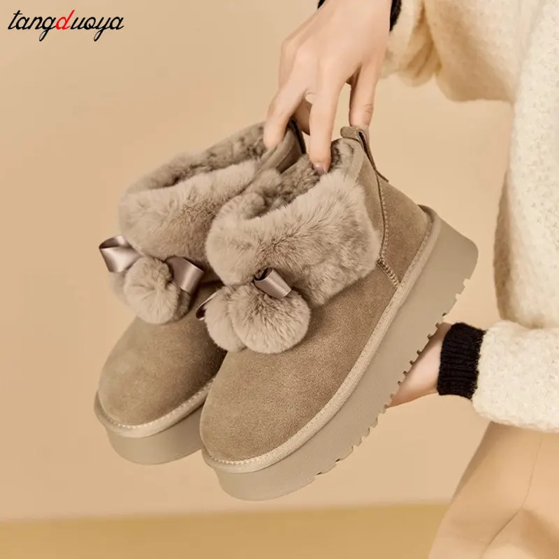 Cute furry ball Women\'s cotton boots Australian Boots Winter Footwear Round Toe Boots-Women Fashion Snow Low Ladies Ankle boots