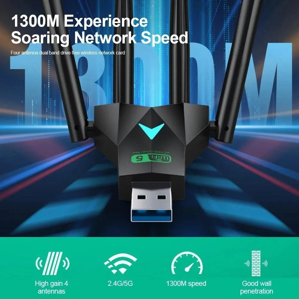 4 Antenna Design Dual Band WiFi USB Adapter USB Interface Dual Band 2.4G/5Ghz 1300Mbps WiFi Dongle Driver Free Receiver