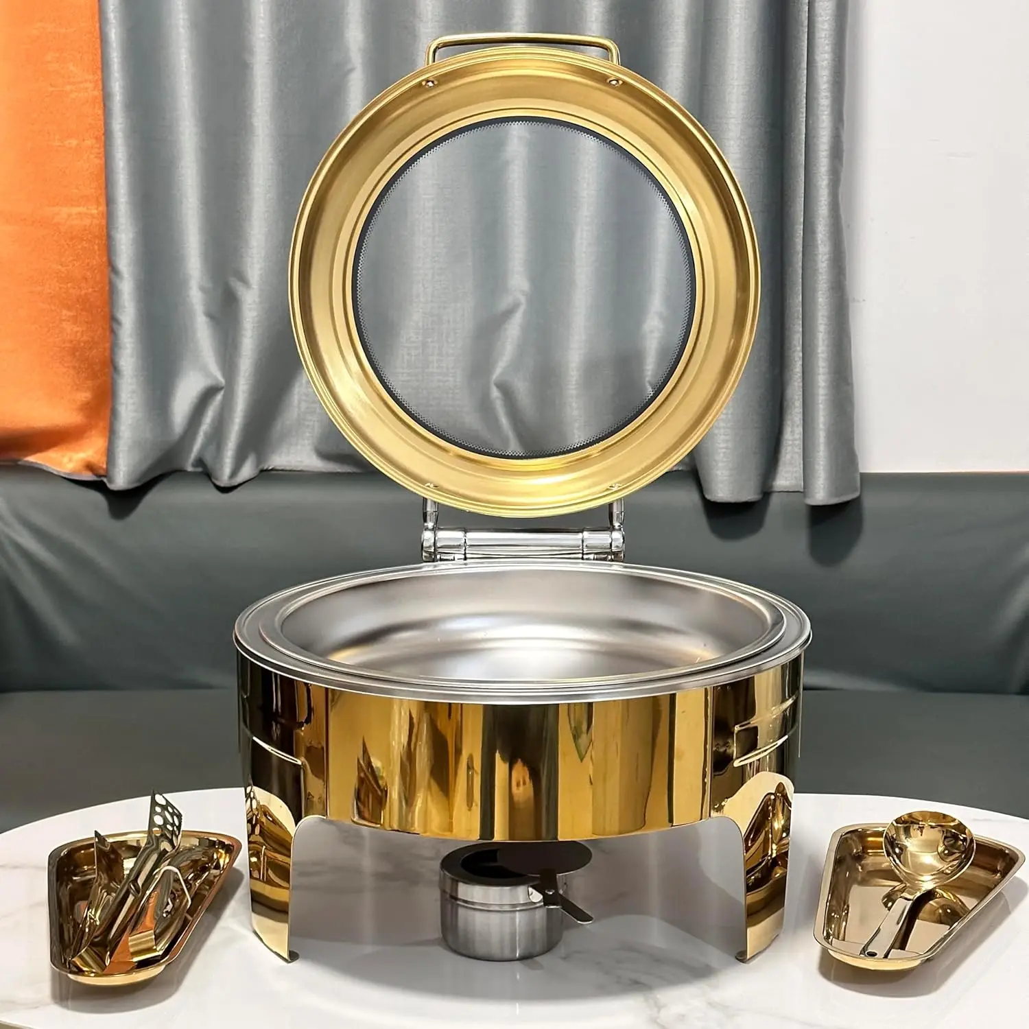 

1Pack 6.8Qt Golden Chafing Dish Buffet Set with Big Visible Window round Stainless Steel Warmers And Servers for Catering