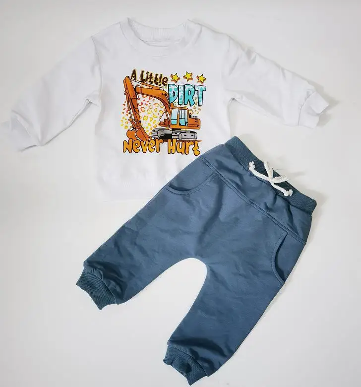 Let Your Little Explorer Unleash Their Imagination with the 'A Little Dirt Never Hurt' Excavator Sweatsuit Set in White!