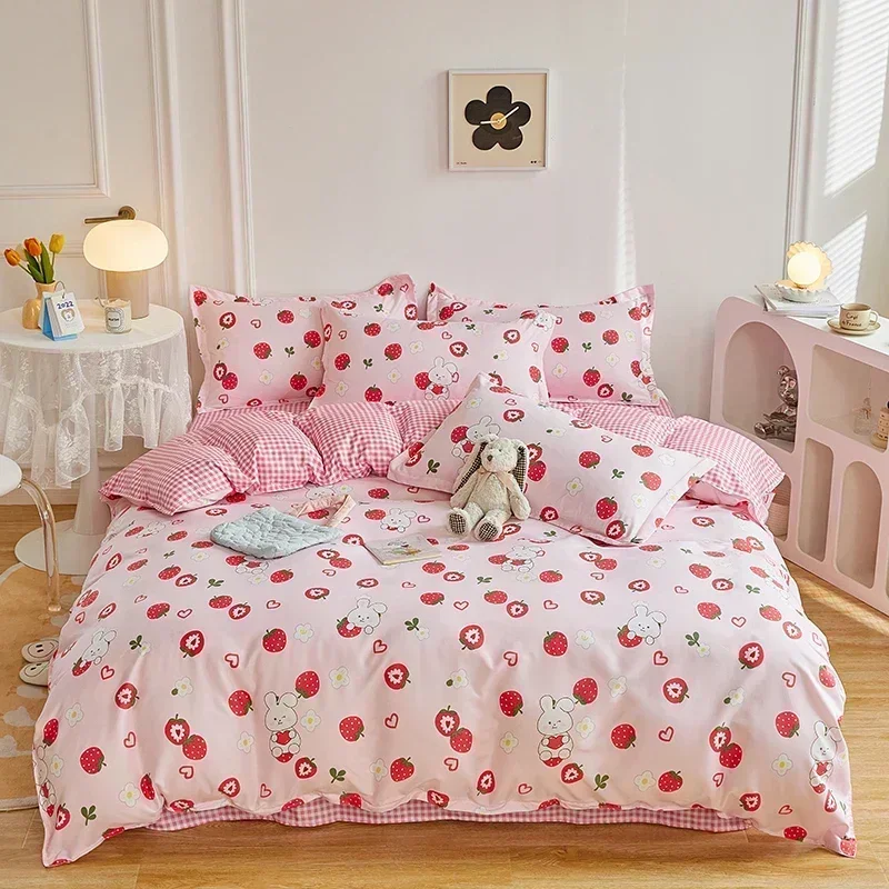 Solstice Home Textile Girl Boy Kids Bedding Set Red Cherries Duvet Cover Sheet Pillowcase Woman Adult Beds Sheet King Queen Full