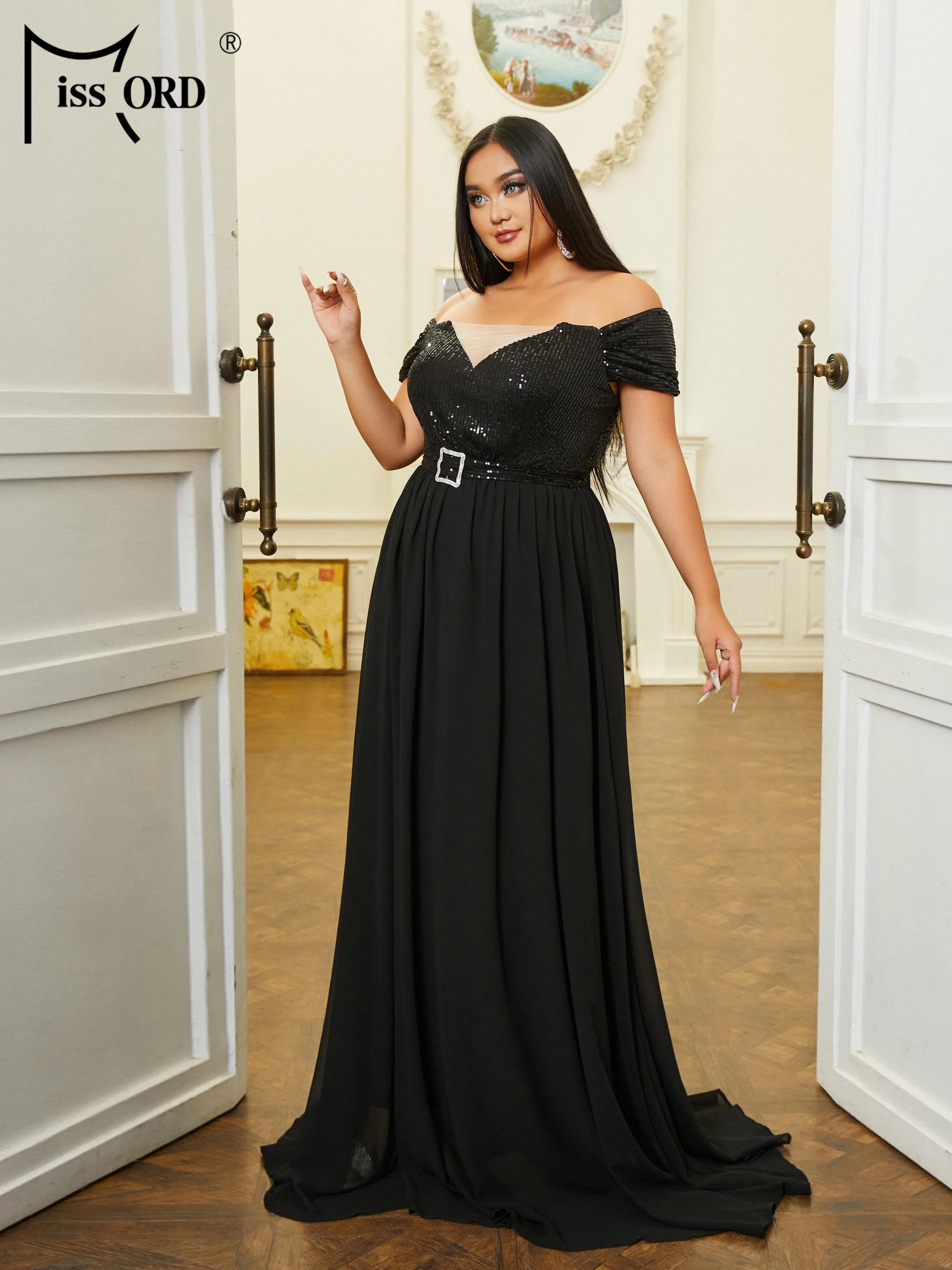 Missord elegancka czarny cekin Plus Size sukienka damska bez dekoltu z dekoltem w szpic z paskiem na imprezę wieczorową długa suknia balowa