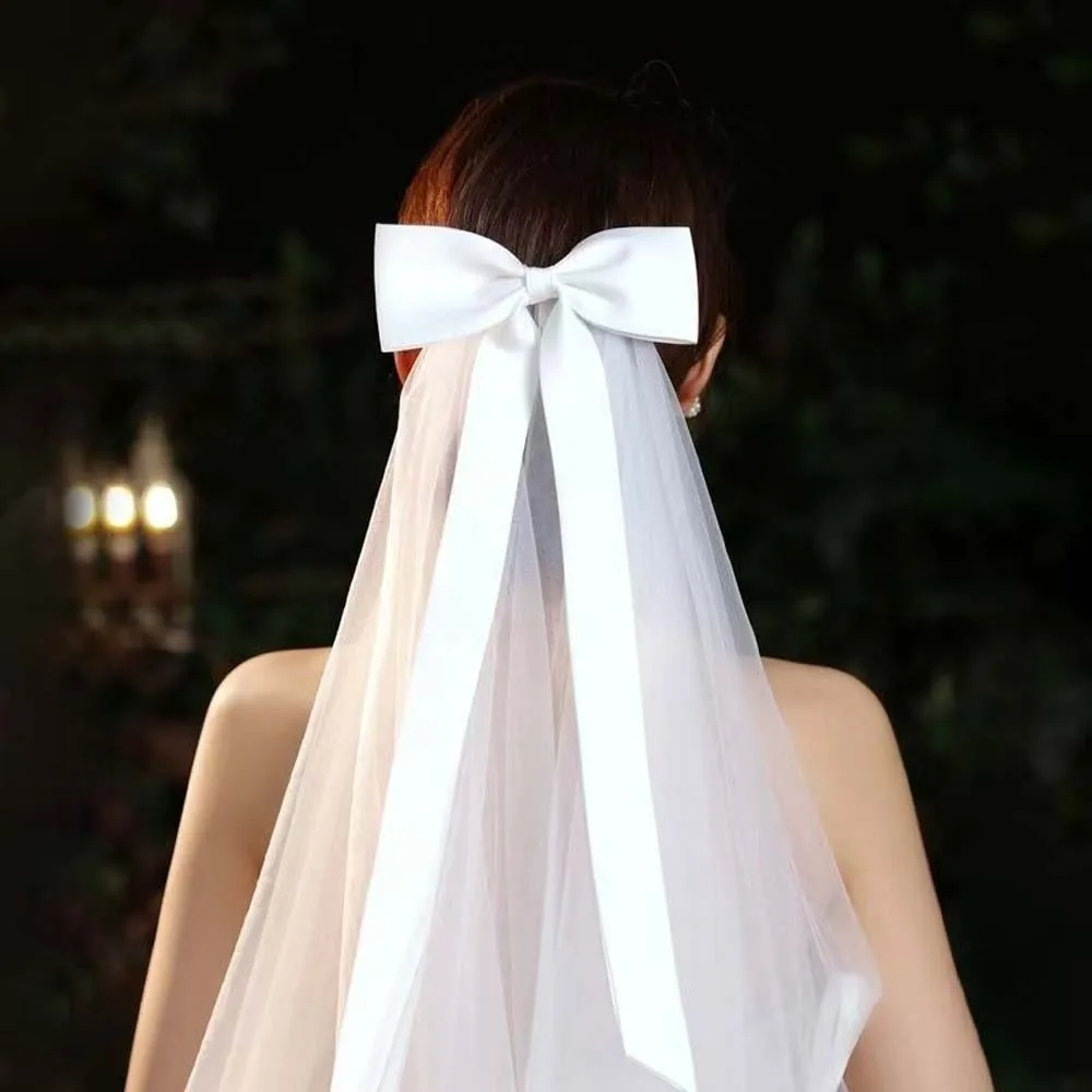

Премиум-шарф-вуаль из атласа с длинным бантом, романтический однослойный головной убор для невесты, белый, из мягкого тюля, свадебный головной убор