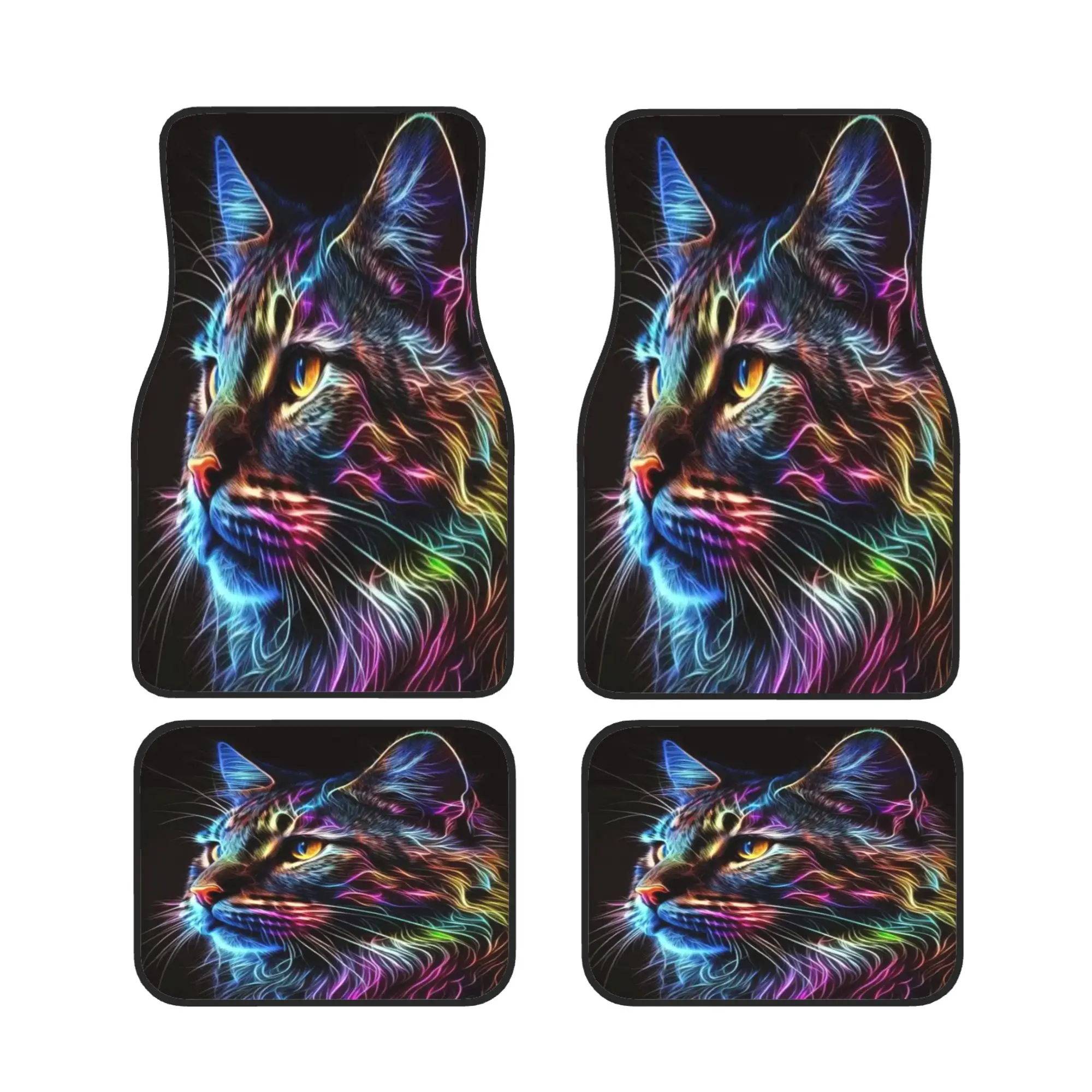 

4pcs Colorful Cat Design Car Floor Mats - Durable, Easy-Clean Polyester, Vibrant Blue & Green Cat Illustrations, Perfect For Sed