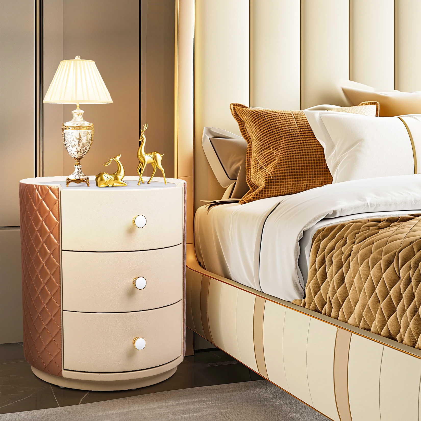 Wisfor Round Nightstand with 3 Drawers  PVC Leather Surface  Modern Style Table Storage Cabinet for Living Room Bedroom