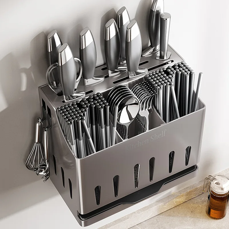 Cream Style Stainless Steel Kitchen Draining Rack, Wall Mounted Integrated Tableware Cage, Multifunctional Knife Chopsticks Stor