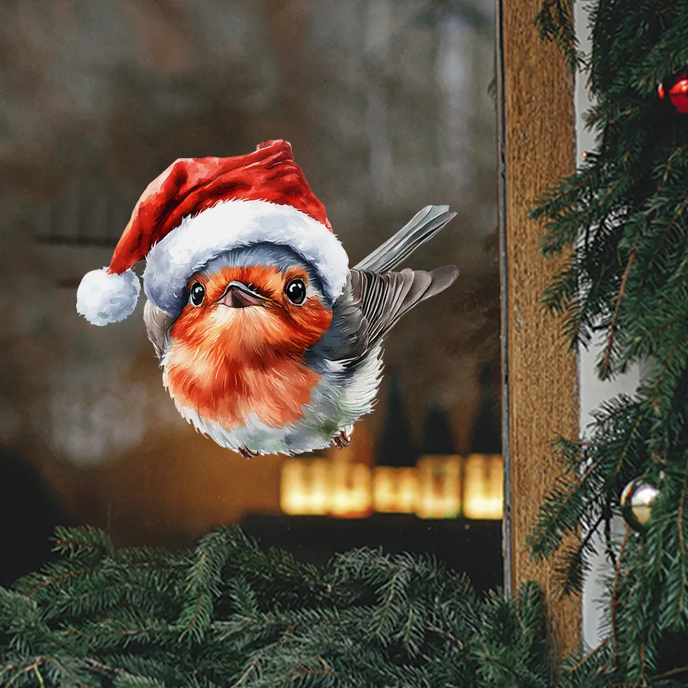 Painted Christmas Hat Bird Home Glass Window Background Decorative Wall Sticker Self-adhesive  wall decoration
