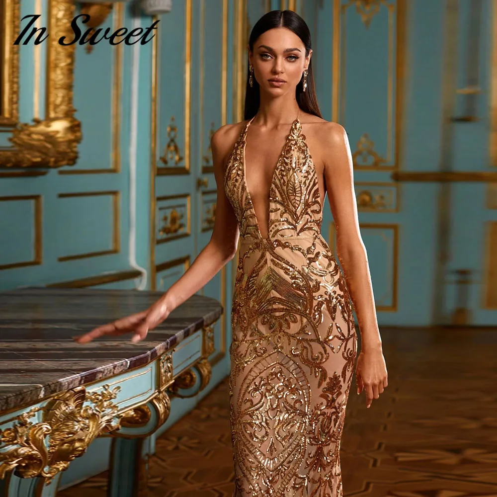 Customized Mermaid Halter Evening Dresses Deep V Sexy Backless Prom Gown Sequin Lace Sleeveless Exquisite Party Dress Vestido De