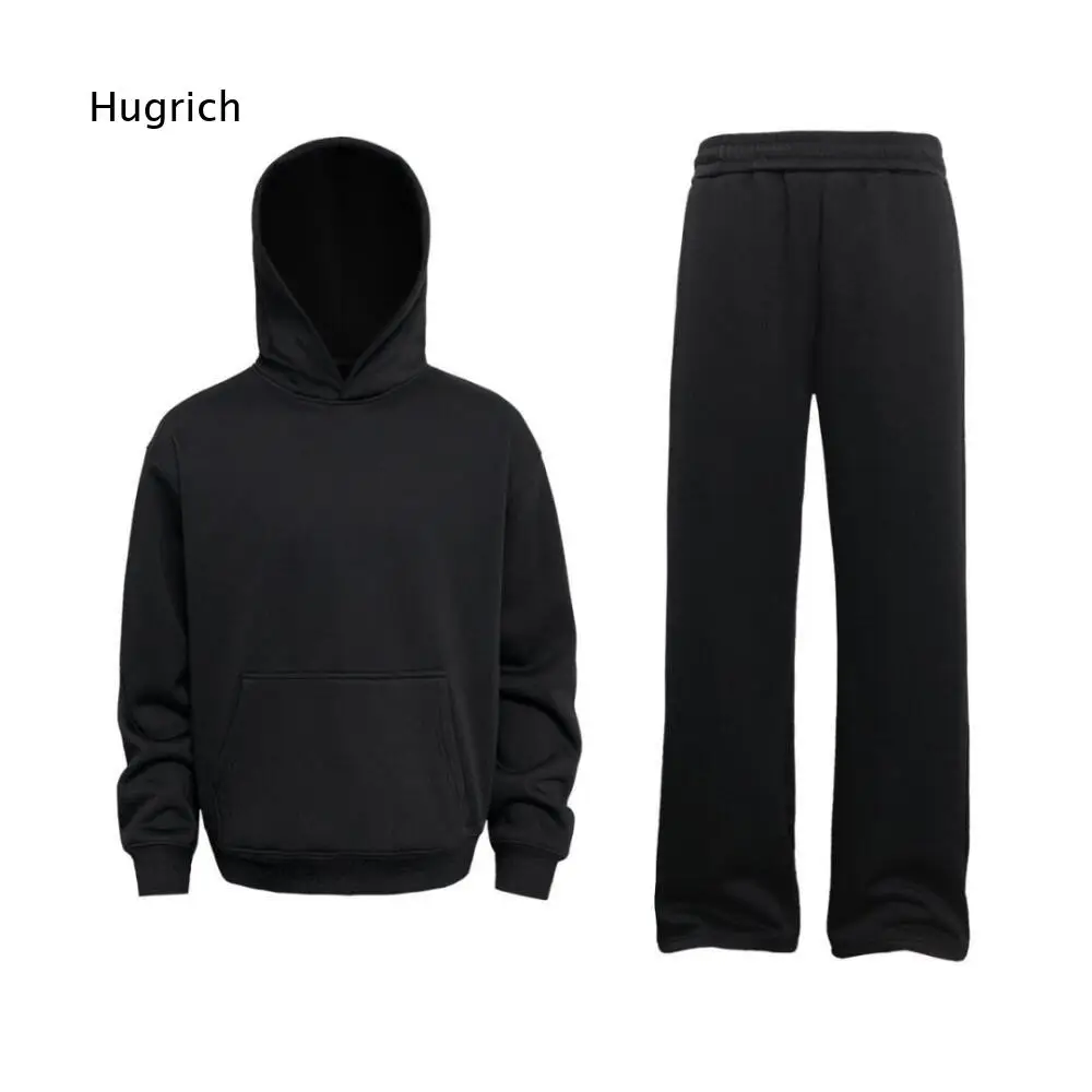 Solid Color Two Piece Outfit For Men Hooded Long Sleeve Top And Elastic Waist Straight Leg Pants For Multiple Casual Scenarios