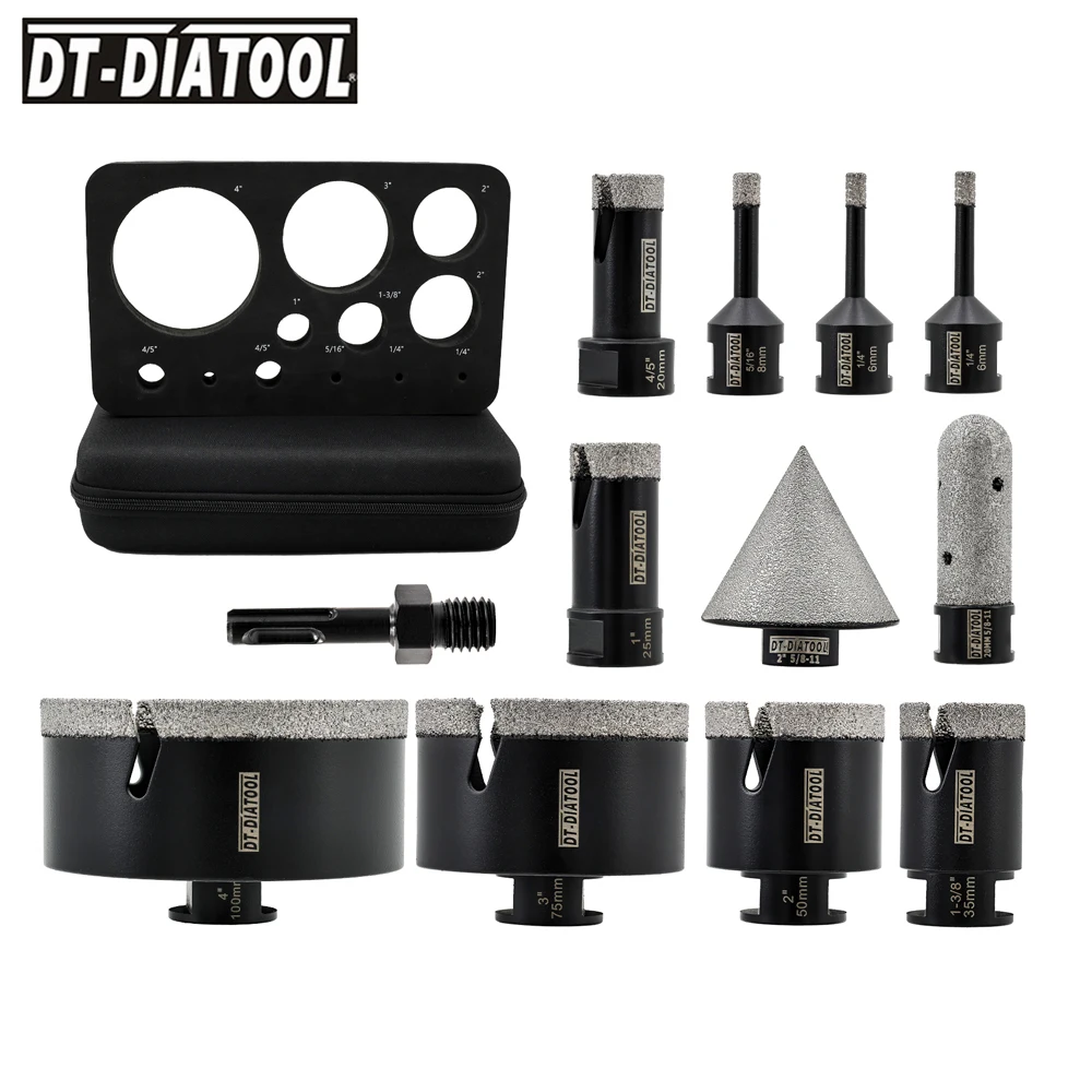 

DT-Diatool Premium 12pcs Diamond Drill Bit for Tile Marble Granite Hole Saw Chamfer Milling Bit Adapter Diamond Crown Tool Kit