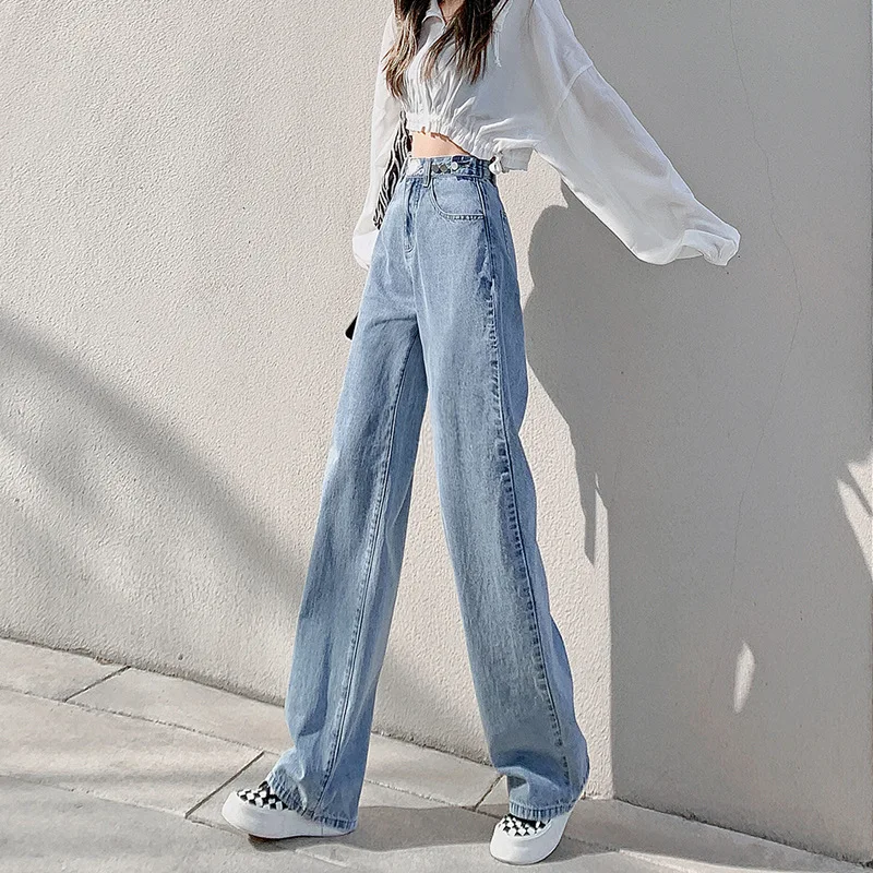 Women\'s High Waist Jeans Straight Tube Loose Light Color Slim Sweeping Wide Leg Pants Vintage Style Spring New 2024 High-Quality