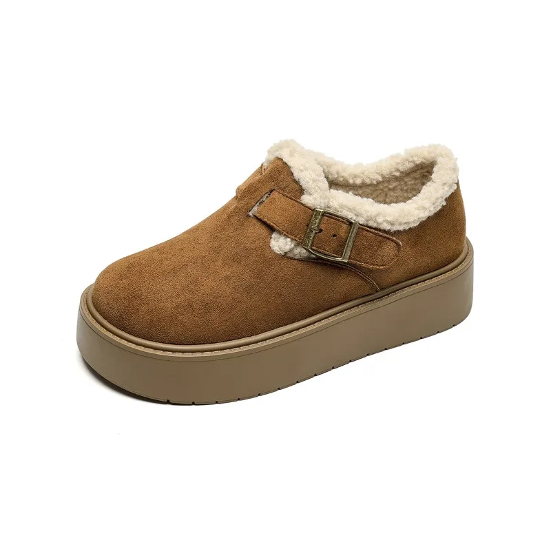 여성용 두꺼운 밑창 플랫폼 슬립온 신발 라운드 토 인조 퍼 안감 고무 밑창 빈티지 스타일 캐주얼 사계절 신발