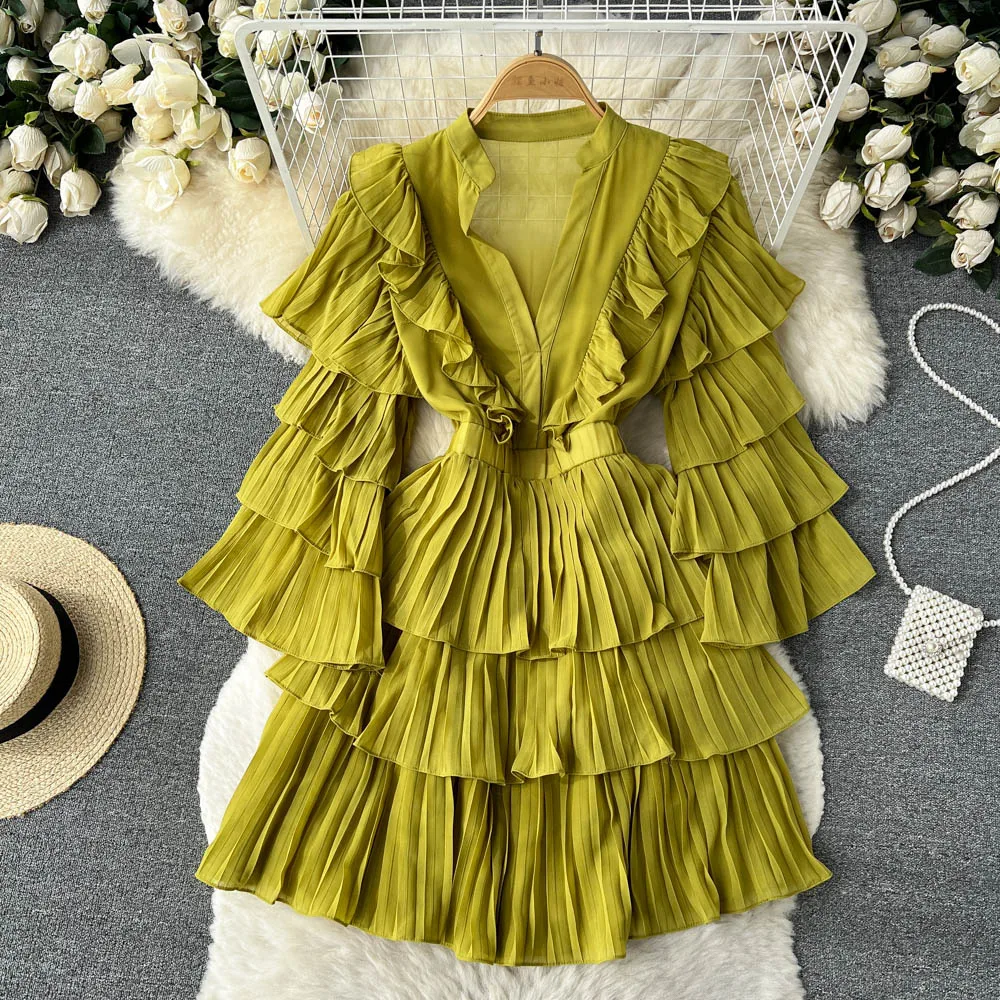 2023 Autumn/Winter New Mid Length Cake Skirt Multi Layered Short Skirt Ruffle Flare Sleeves Chiffon Dress