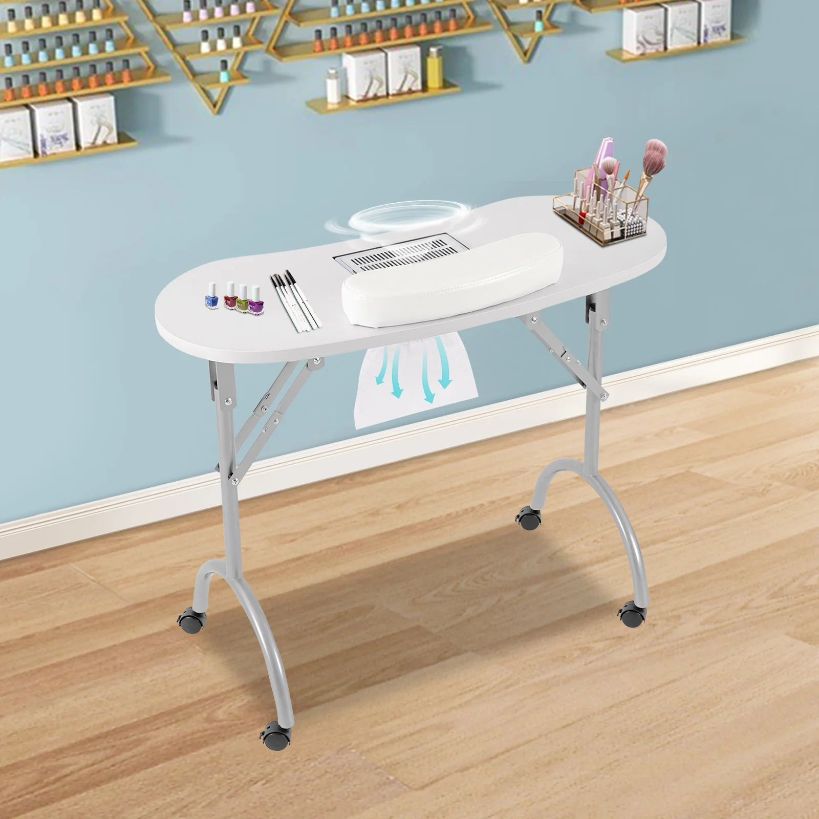 Foldable Nail Table w/Wheels Multifunctional Portable Manicure Table with MDF Table Top for Households, Nail Salons