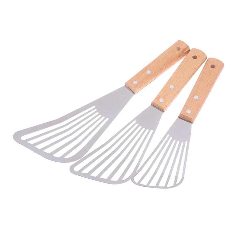 Stainless Steel Slotted Turner Fish Frying Shovel With Wooden Handle Fan-shaped Shovel Household High-temperature Frying Shovel