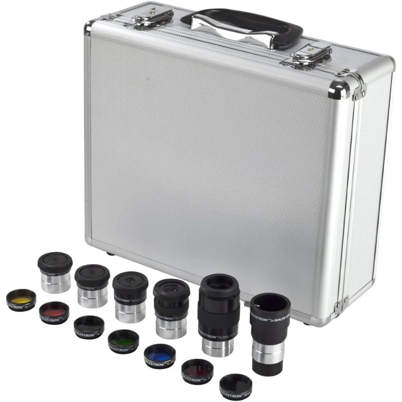 14 Piece Telescope Accessory Kit - Plossl Eyepieces, Barlow Lens, Colored Filters, Moon Filter, and Sturdy Carry Case