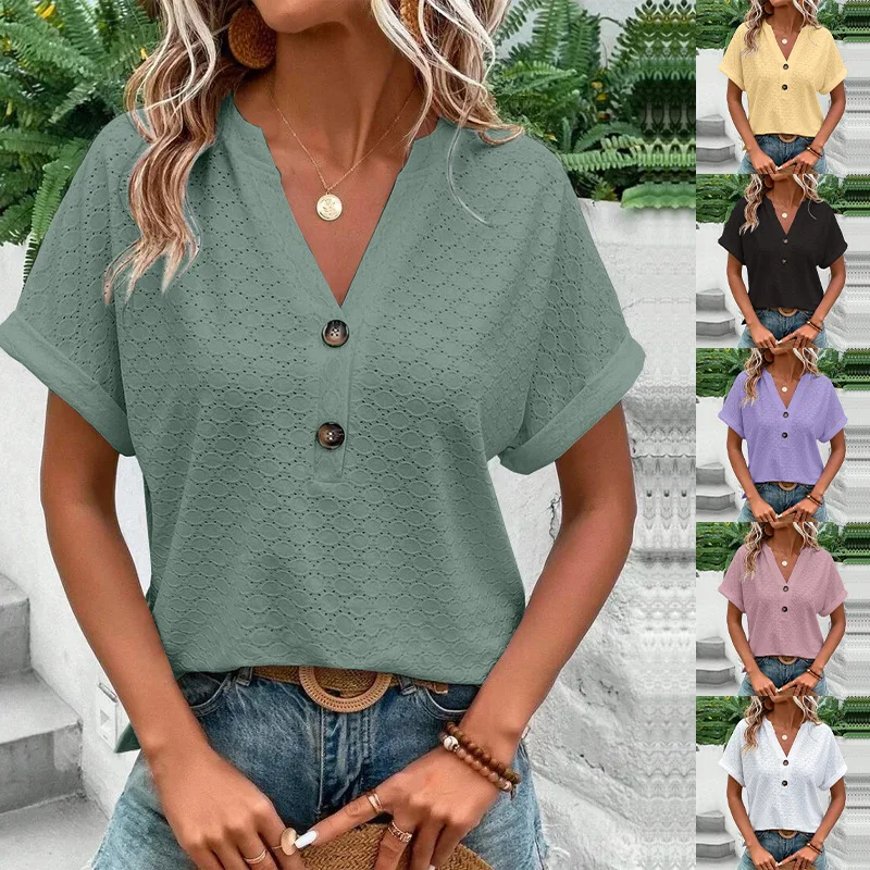 

Women's Casual T-Shirts Solid Color Sexy Button Slim Fit Short Sleeved Tees Elegant Summer V-neck Tops Pullover for Office Lady
