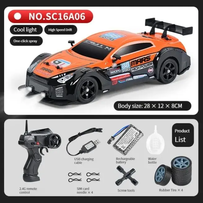 Coche Teledirigido RC Drift 1/16 - 30 Km/h, Tracción 4x4, Luces LED Retro, Batería 600mAh Coche Teledirigido RC Drift 1/16 - 30 Km/h, Tracción 4x4, Luces LED Retro, Batería 600mAh