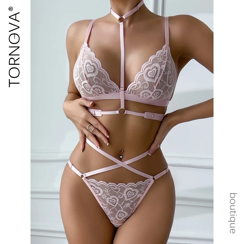 

Tornova Erotic Halter Lingerie Sexy Lace Embroidery Love See-through Straps Body Shaping Pure Desire Girl Delicate Underwear Set