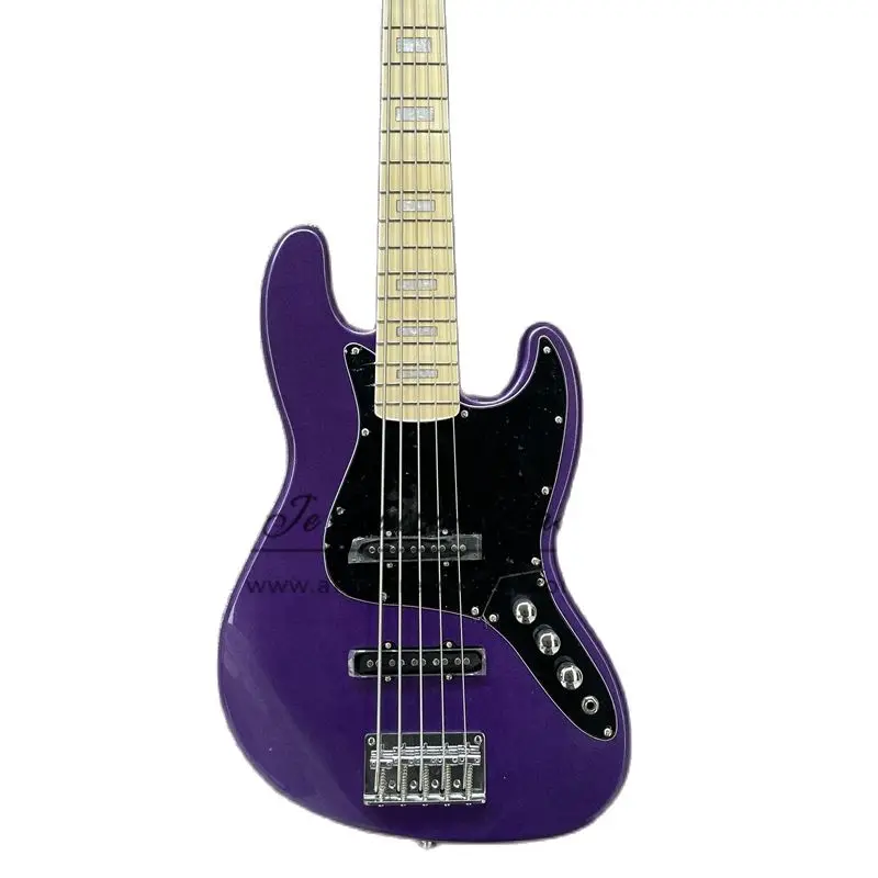 5 Strings Purple Bass Guitar basswood Body Maple Fingerboard Fixed Bridge Black Pickguard 21 Frets