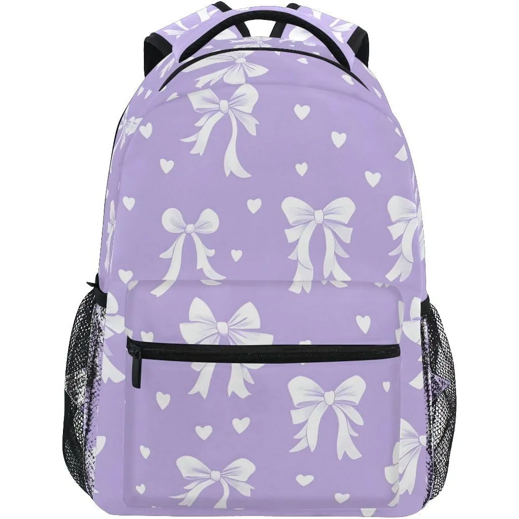 

Basic Backpack White Bow Heart Purple Background Pattern Backpack for School and Travel Casual Daypack for Outdoor Camping