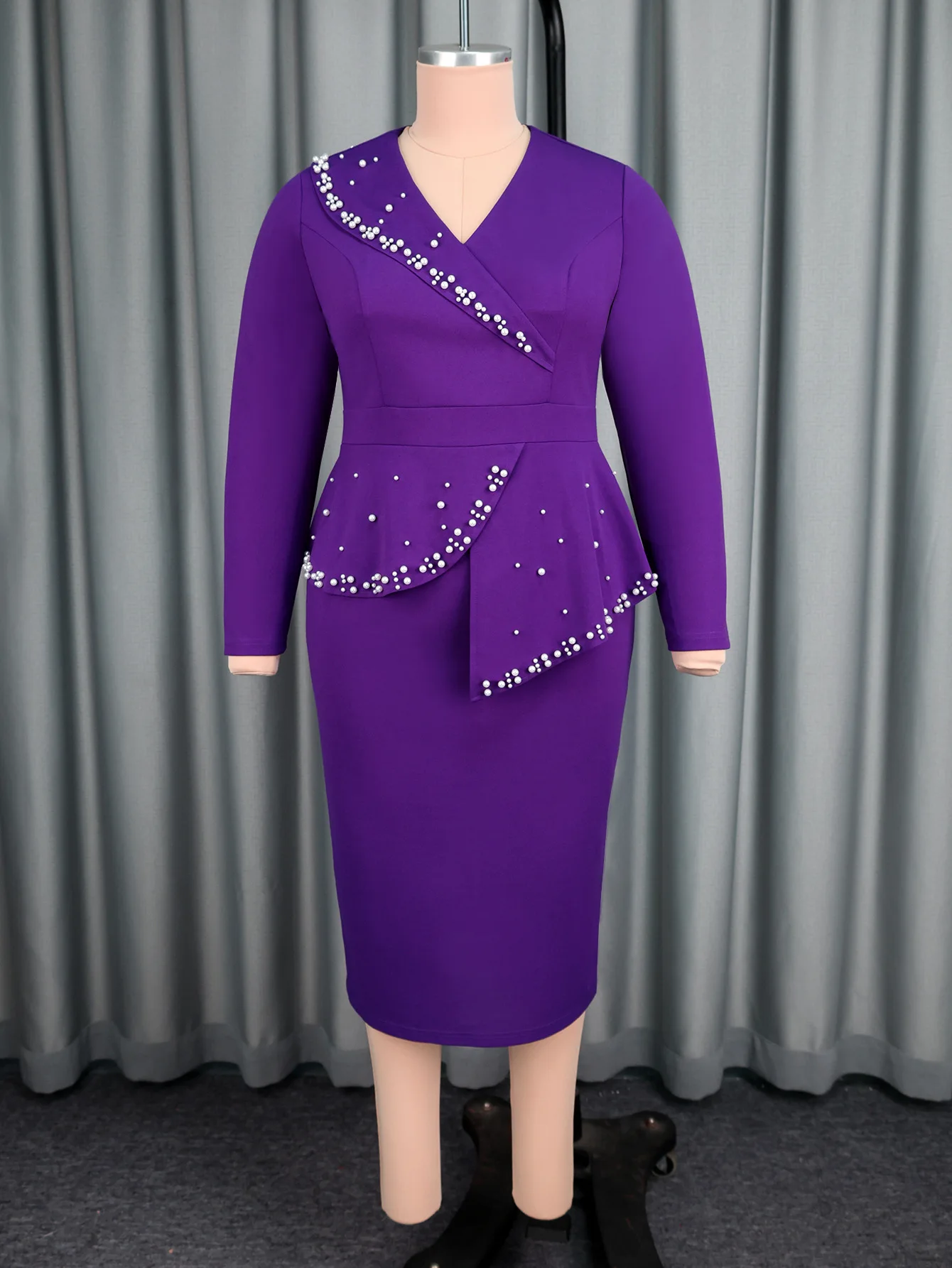 2025 New plus-size women's dress, purple V-neck long-sleeved dress with ruffled rhinestone, elegant and stylish evening dress
