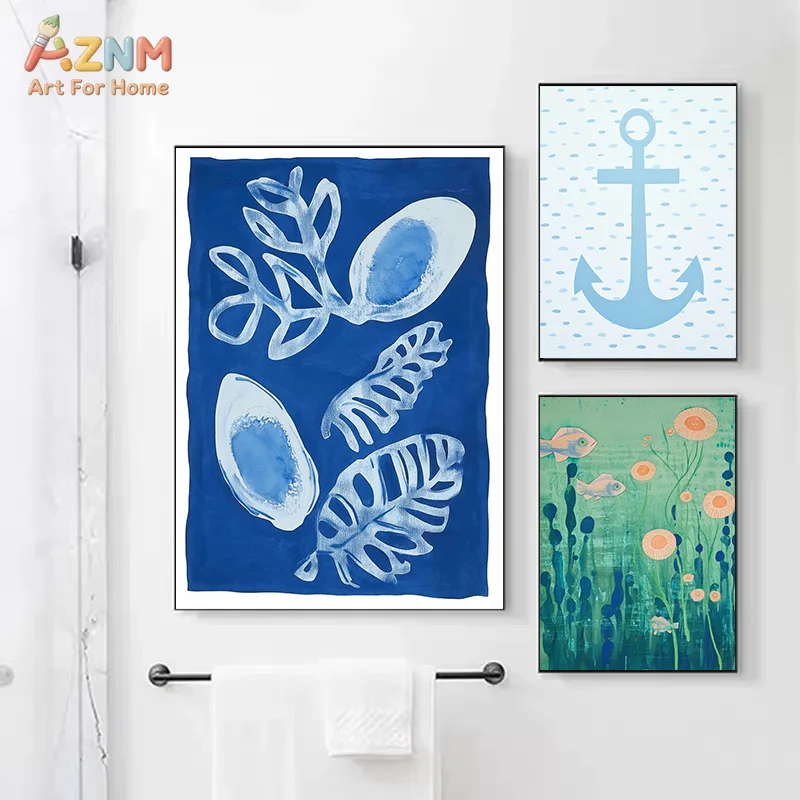 AZNM Blue Green Ocean Botanical Canvas Print Fish Jellyfish Anchor Palm Ginkgo Leaf Abstract Marine Unframed Canvas Wall Art Coa