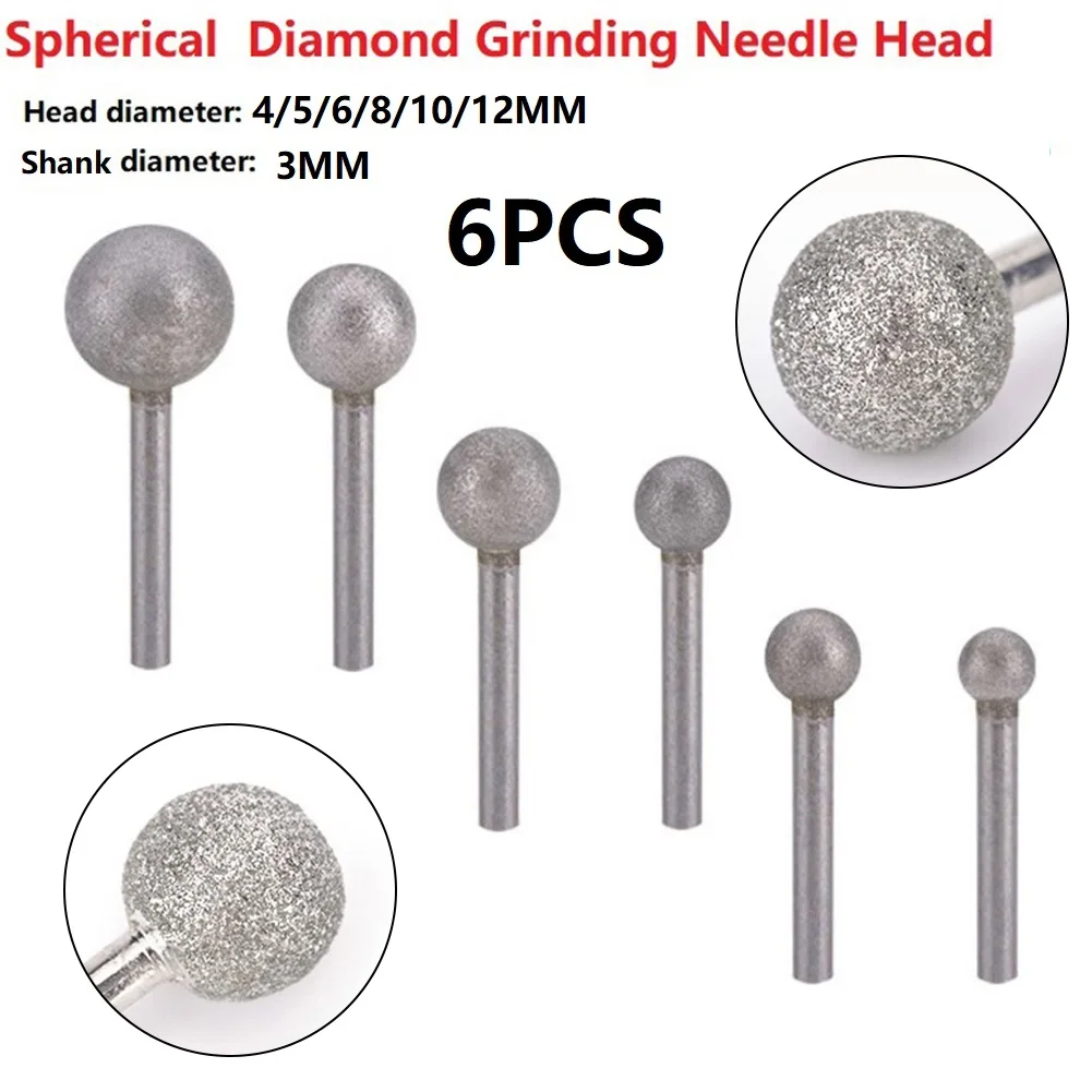 6pcs Diamond Round Ball Burr Drill Bit Set For Carving Engraving Drilling 4/5/6/8/10/12mm Grinding Needle Head Rotary Tool