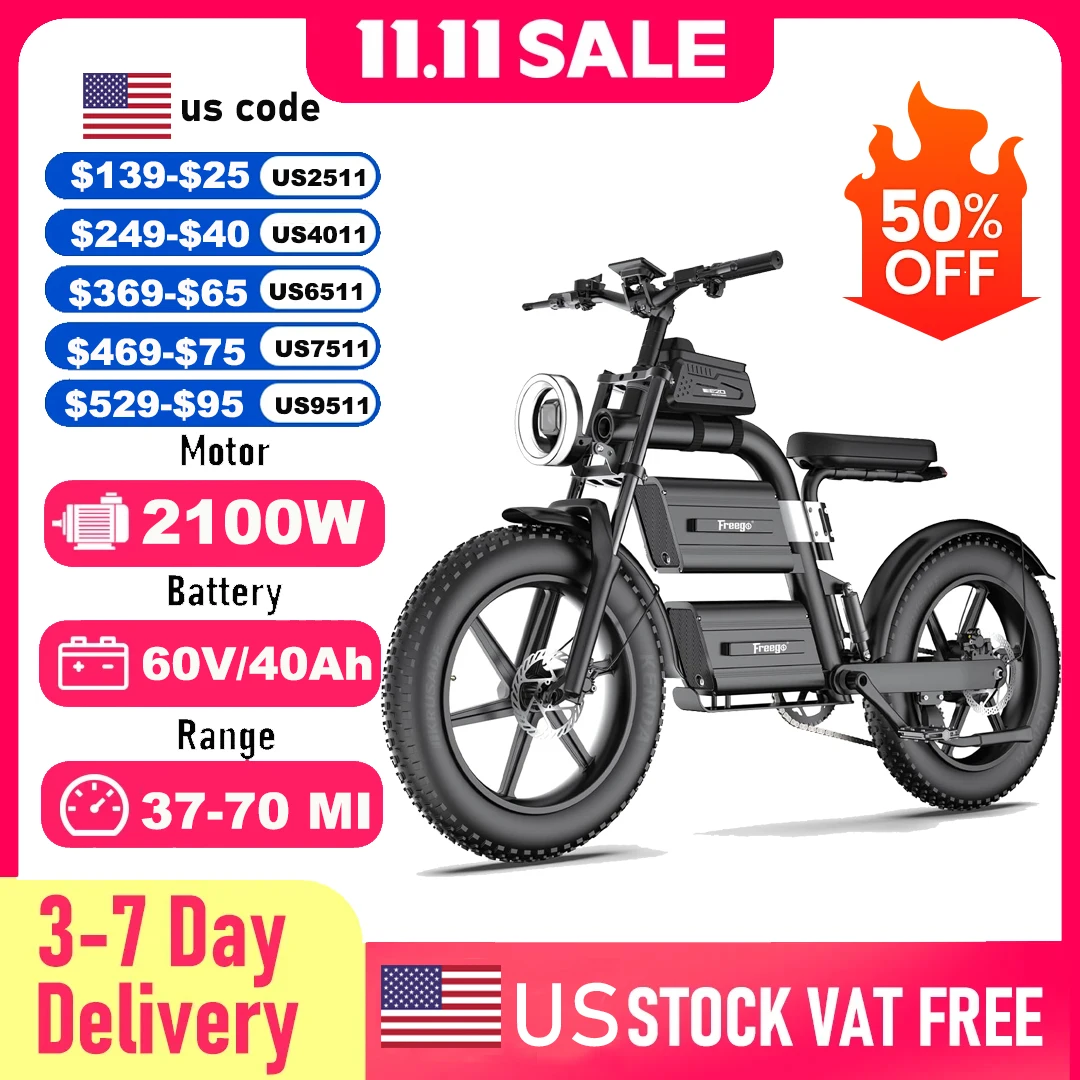 

FREEGO Electric Bike for Adults 2100W Peak 40Ah Dual Battery 37MPH Off Road Fat Tire Electric Motorcycle with Full Suspension