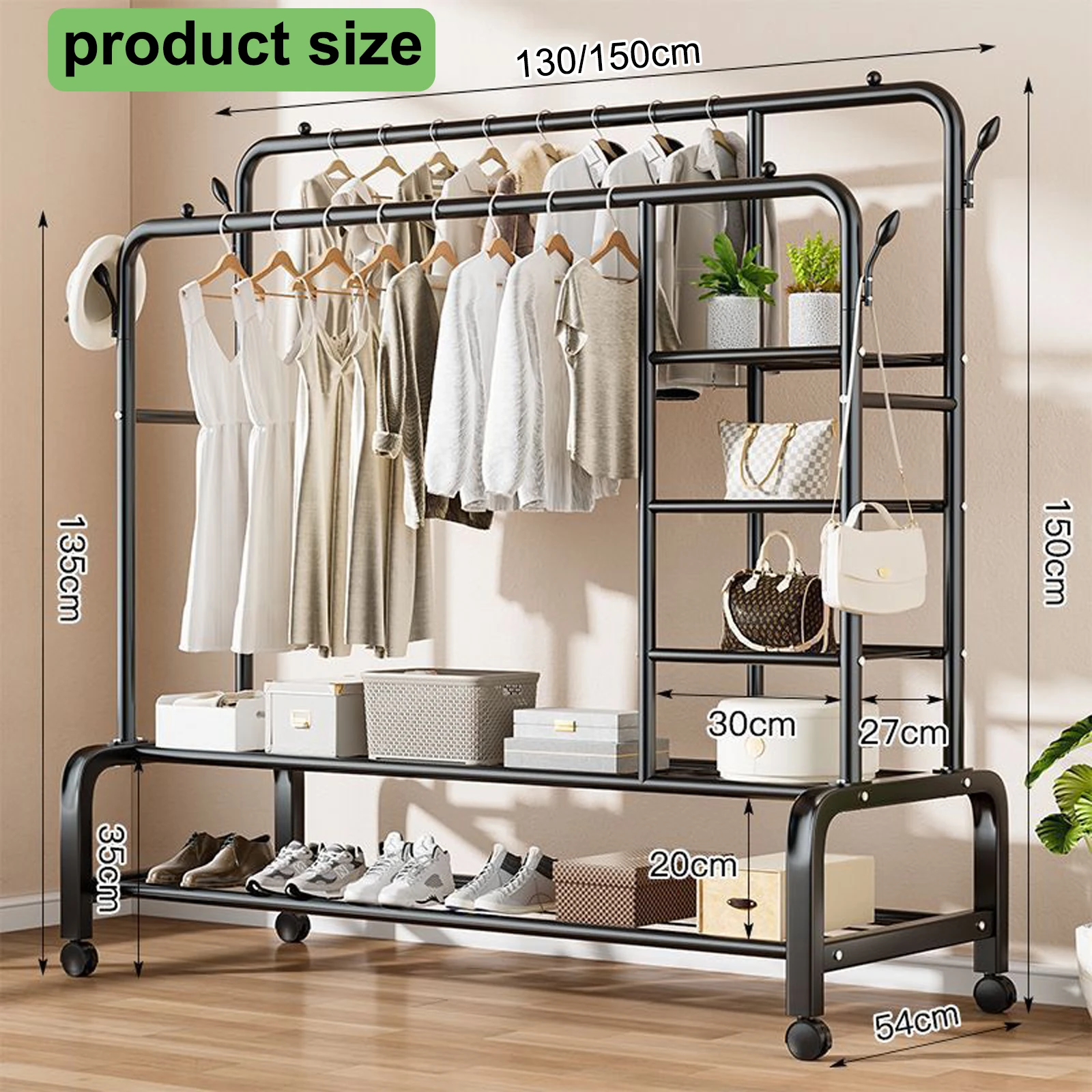 standing Metal Black Retail Garment Double Rod Boutique Display Shelves Clothes Racks Stands for Shops Store with Wheelspromote