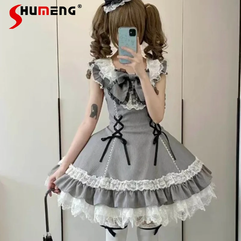 

Beautiful Big Bow JSK Dress Gray And White Striped Six-panel Design Sweet Lolita Style Japanese Y2k Lace-up High-waisted Dresses