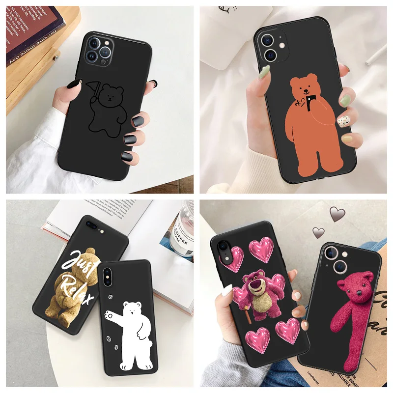 Silicone Black Phone Cases for iphone 16 Pro Max 7 8 14 15 Plus SE XR 11 12 13 Mini 15Pro Teddy Lotso Fashion Bear Cute Cover