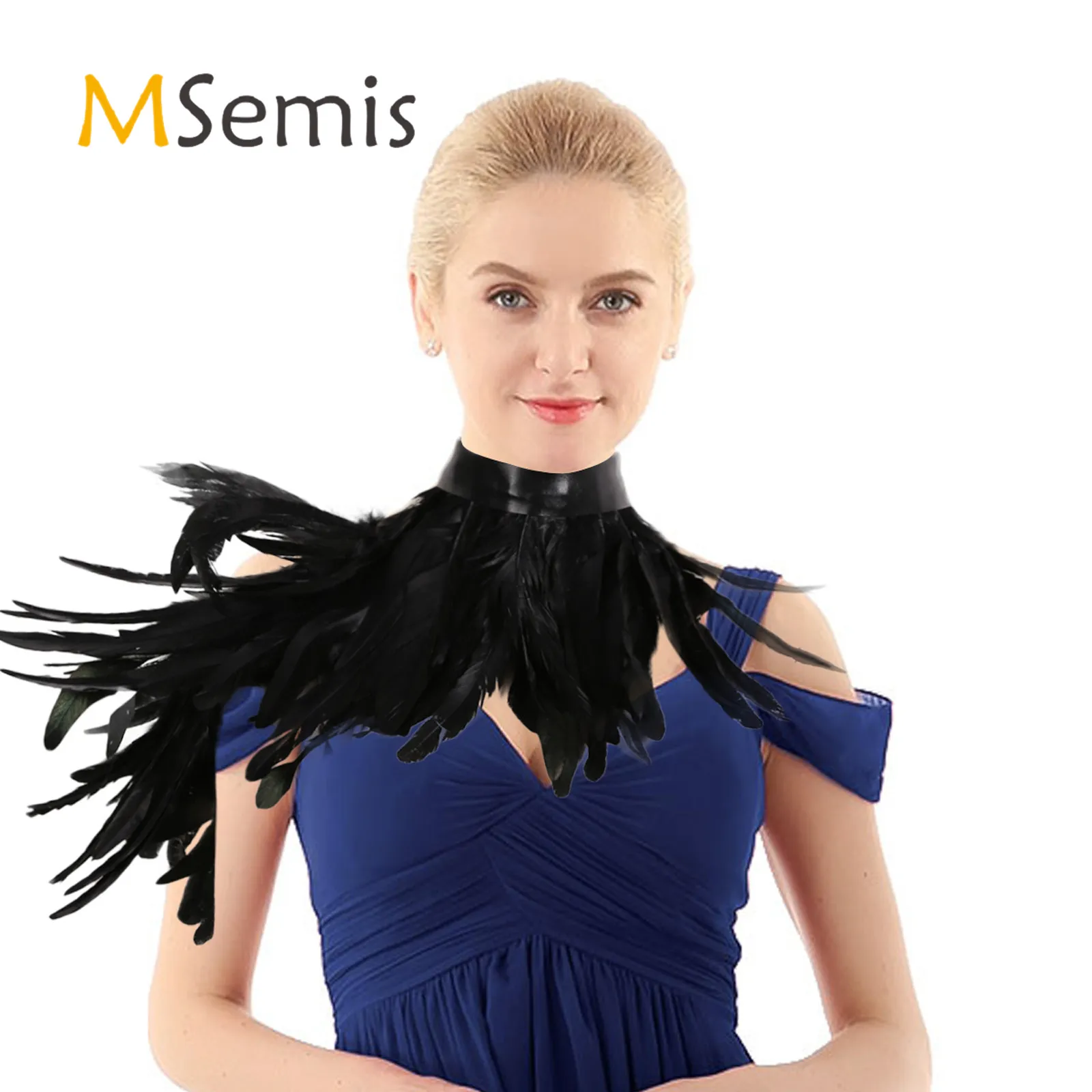 MSemis Punk Gothic Black White Feather Cape One Shoulder Shrug Shawl Wings Choker Collar Party Halloween Performance Show Decor