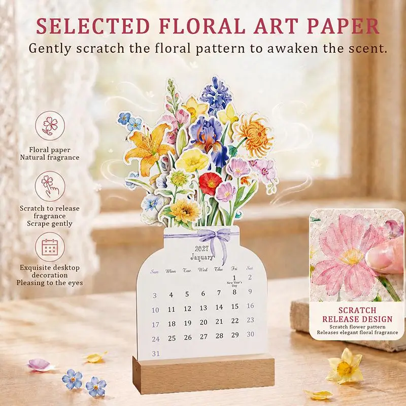 Floral 2027 Desktop Calendar Vase Shaped Wooden Base Bloomy Flowers Desk Calendar Detachable Base Standing Calendar