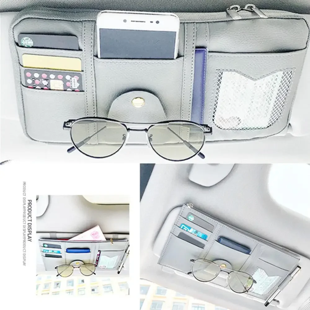 Car Glasses Storage PU Leather Multi-Function Sun Visor Point Organizer Storage Pocket Auto Sunglasses Holder Cards Organizer